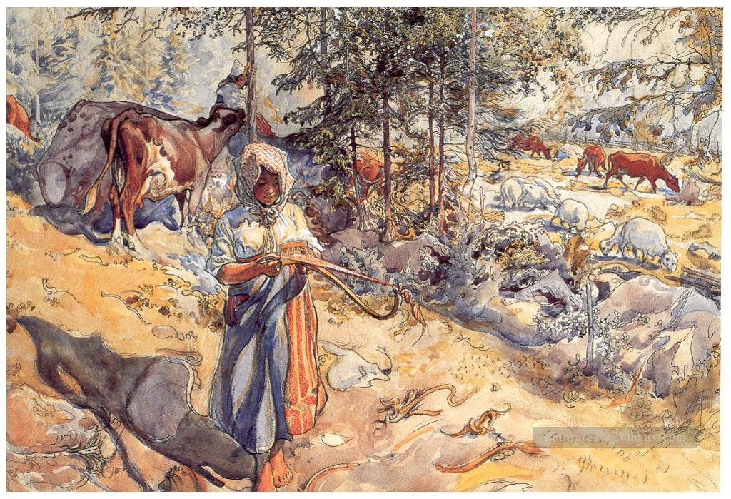 cow girl dans le pré 1906 Carl Larsson Peintures à l'huile